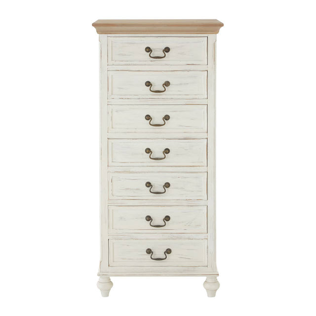 Antique style chest featuring a light-colored wooden top and a distressed white finish, with seven drawers adorned with metal handles, standing on elegantly curved legs