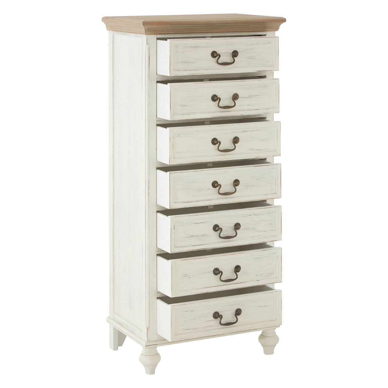Antique style chest featuring seven drawers with a light-colored wooden top, a cream-colored body, and decorative metal handles. The chest stands on four turned legs, showcasing a classic design suitable for home decor