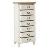 Antique style chest featuring seven drawers with a light-colored wooden top, a cream-colored body, and decorative metal handles. The chest stands on four turned legs, showcasing a classic design suitable for home decor