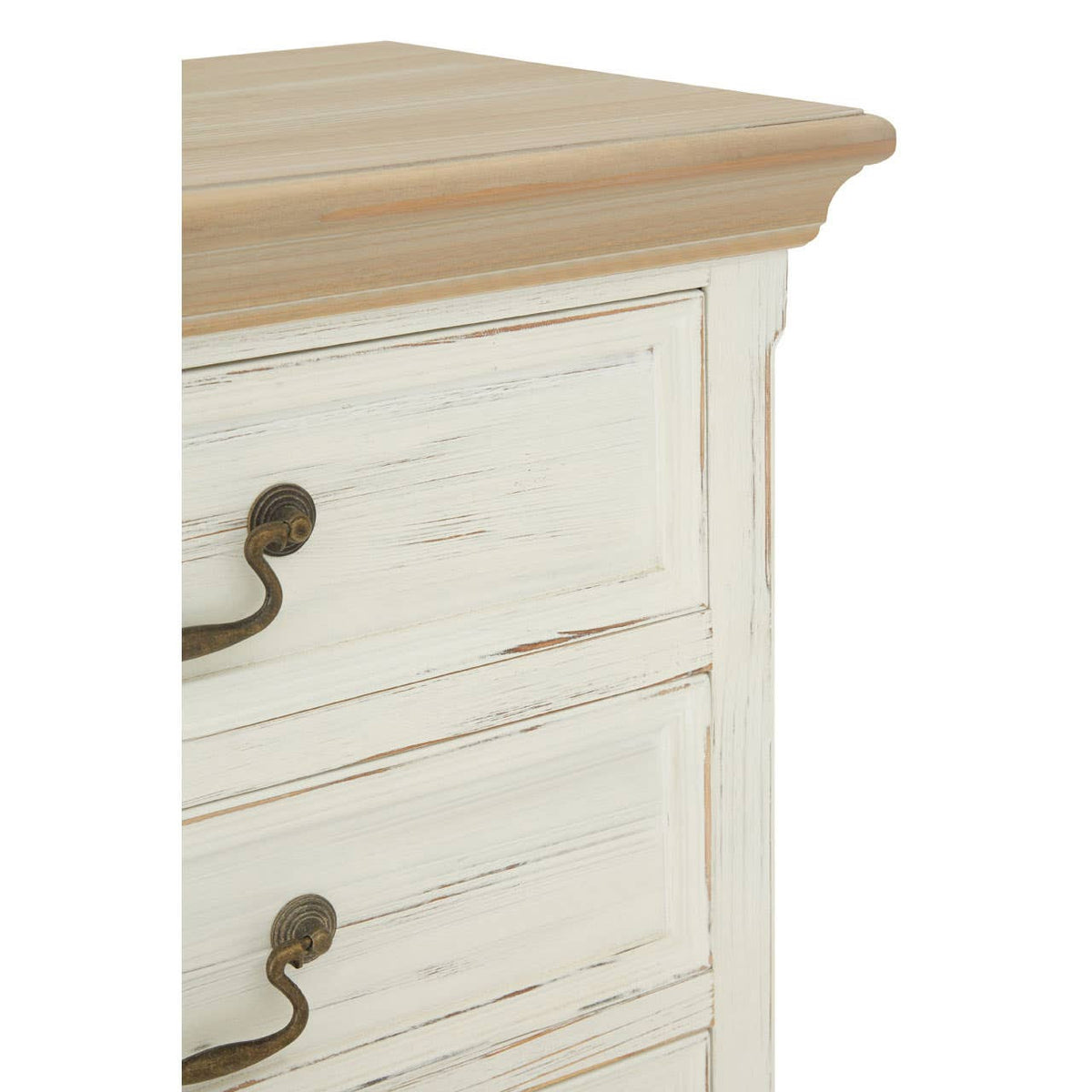 Antique style chest featuring a light wood top and a distressed white finish, showcasing two visible drawers with decorative metal handles and a classic design