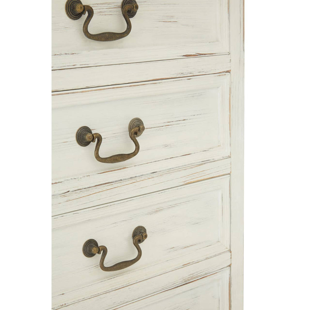 Antique-style chest featuring seven drawers with a distressed white finish and ornate brass handles, showcasing a classic design that adds elegance to any room