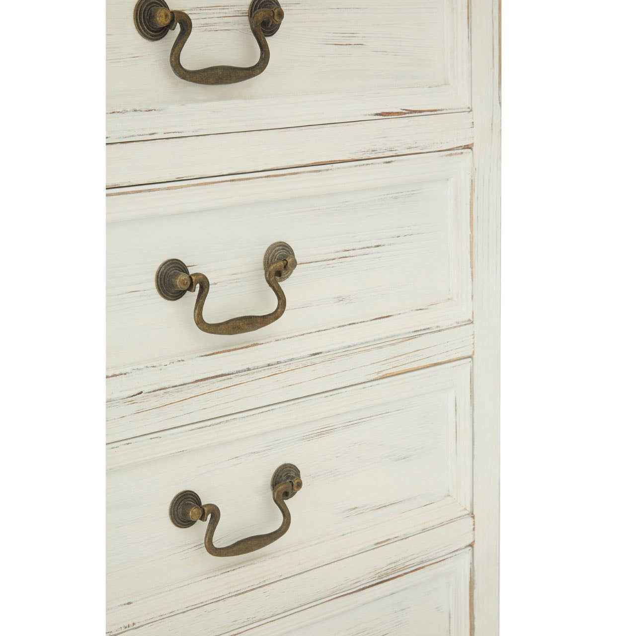 Antique-style chest featuring seven drawers with a distressed white finish and ornate brass handles, showcasing a classic design that adds elegance to any room