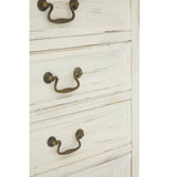 Antique-style chest featuring seven drawers with a distressed white finish and ornate brass handles, showcasing a classic design that adds elegance to any room