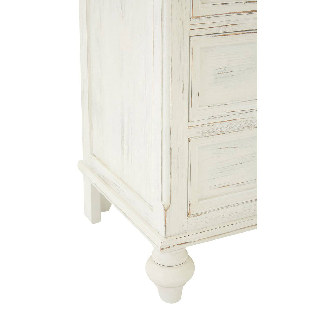 Antique style chest featuring seven drawers with a distressed white finish, ornate detailing, and elegant curved legs