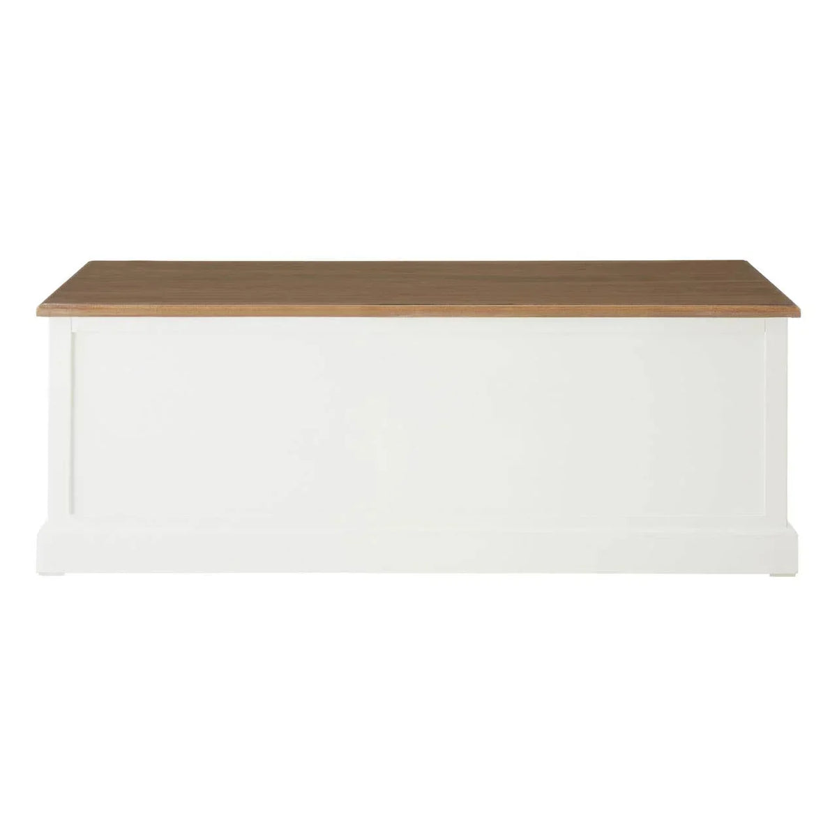 White wooden blanket box with oak effect lid, front view