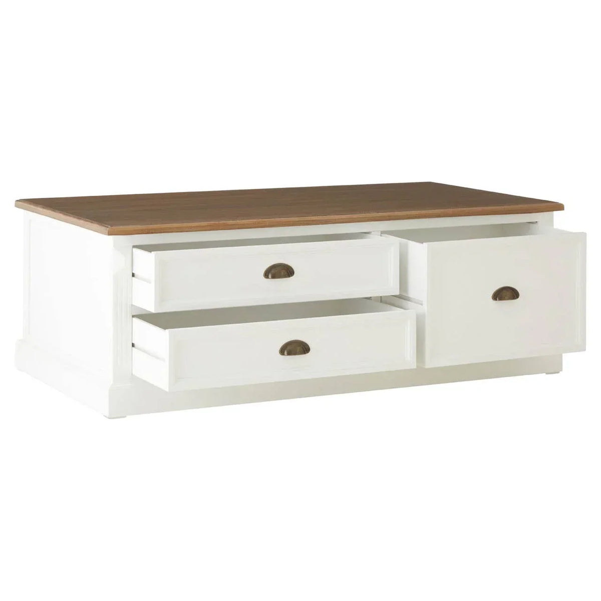 White wooden coffee table with oak top and three storage drawers, one drawer open