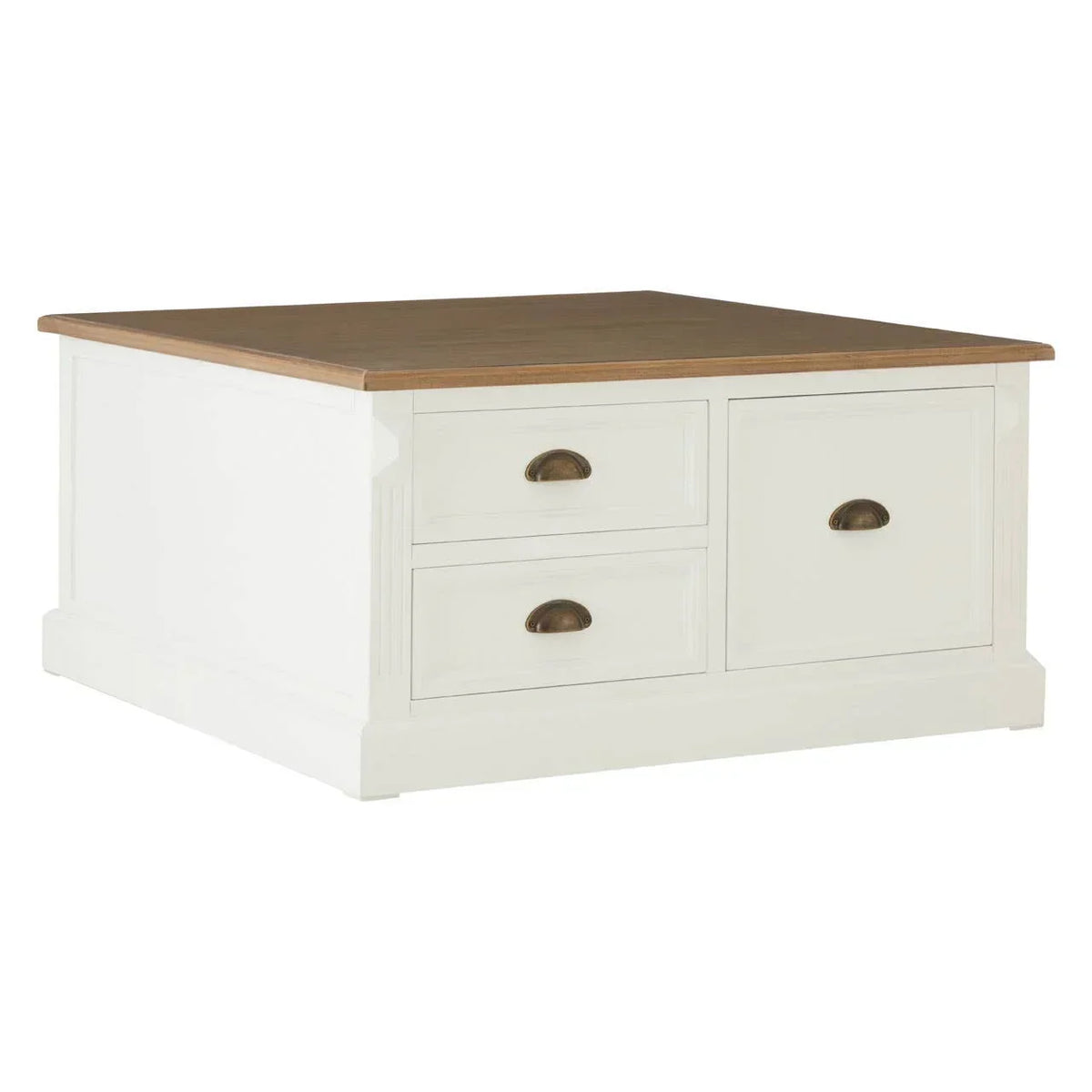 White wooden coffee table with oak top and three front drawers, angled view