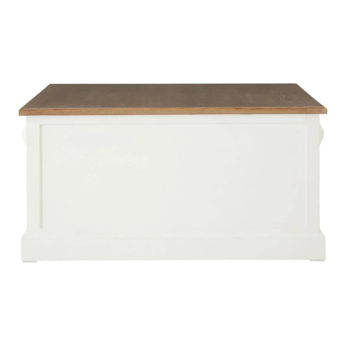 White wooden storage chest with light oak lid, shown from the front