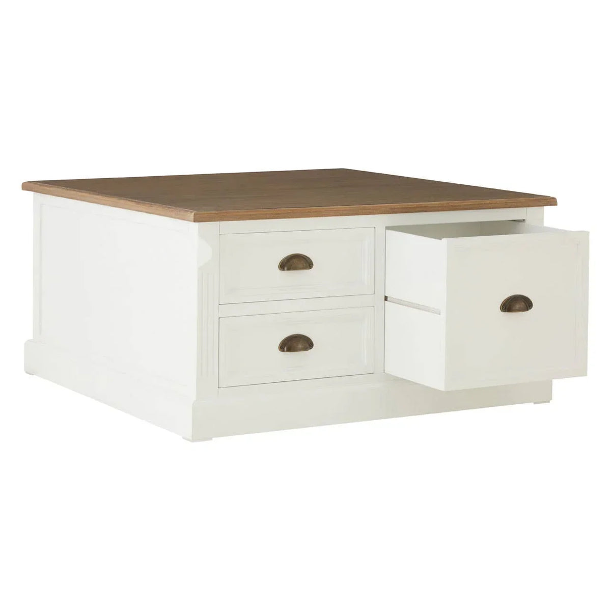 White wood coffee table with oak top and three drawers, one drawer open showing storage