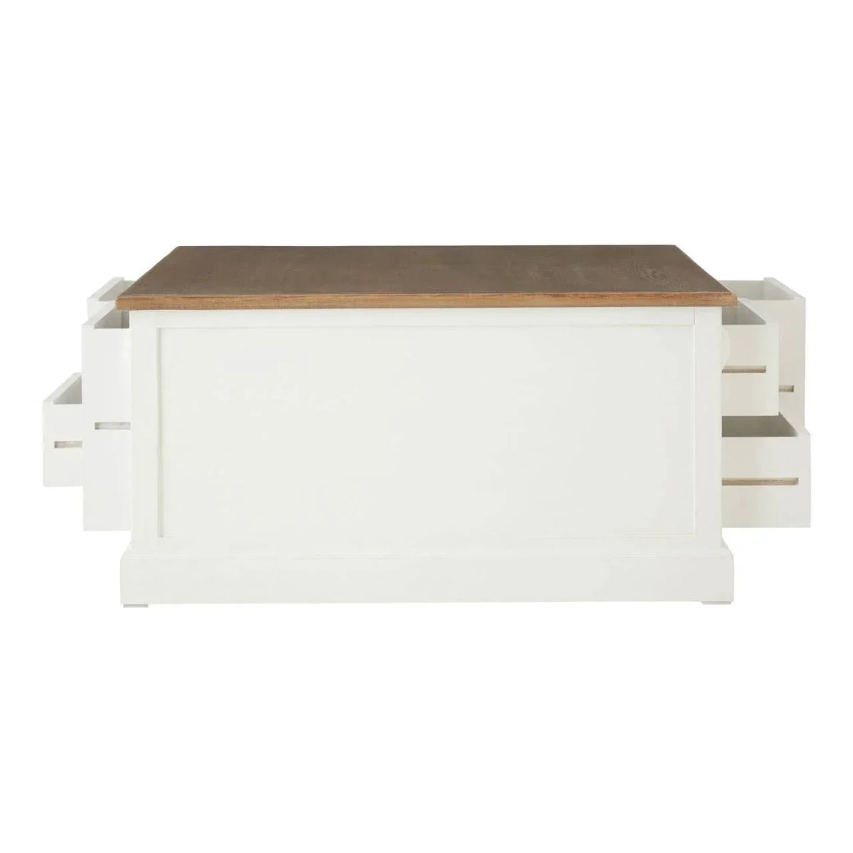 White storage bench with oak top and side drawers open, front angle view