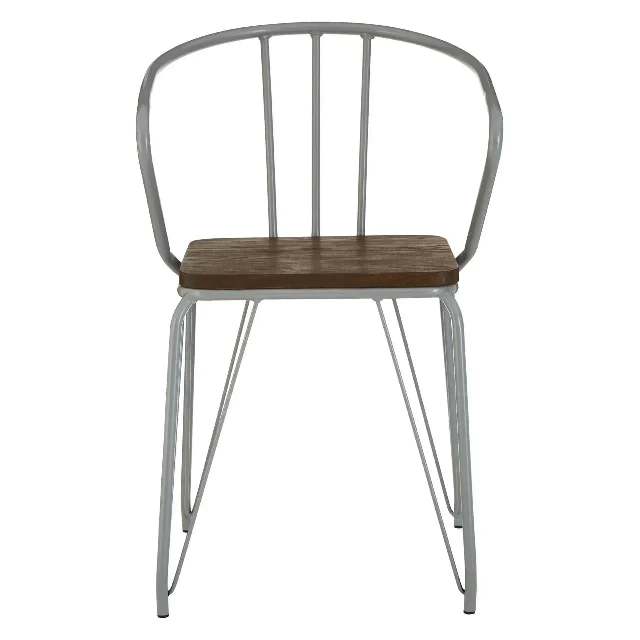 Metal dining chair with curved backrest and dark wood seat, front view