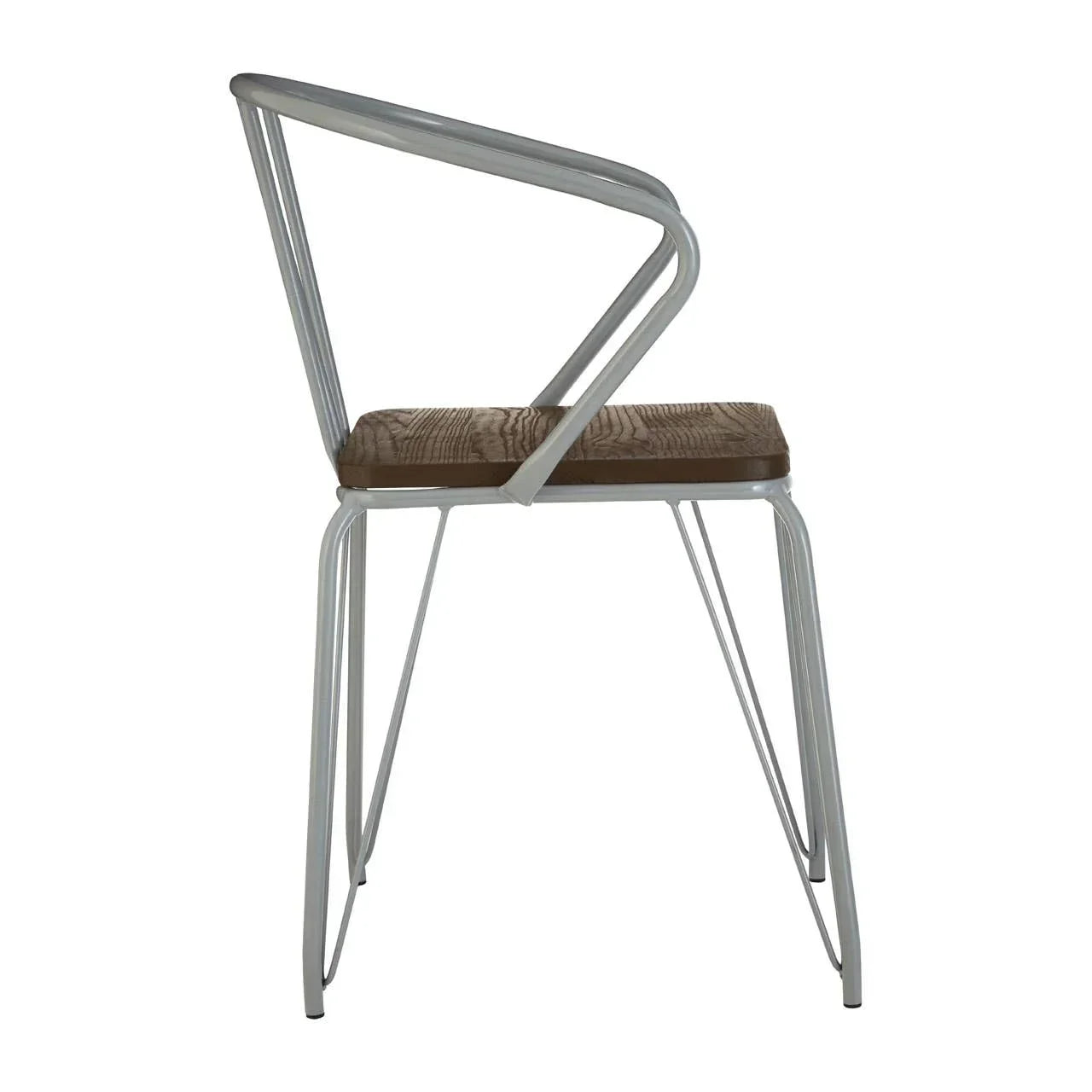 Side view of dining chair with white metal frame and wooden seat