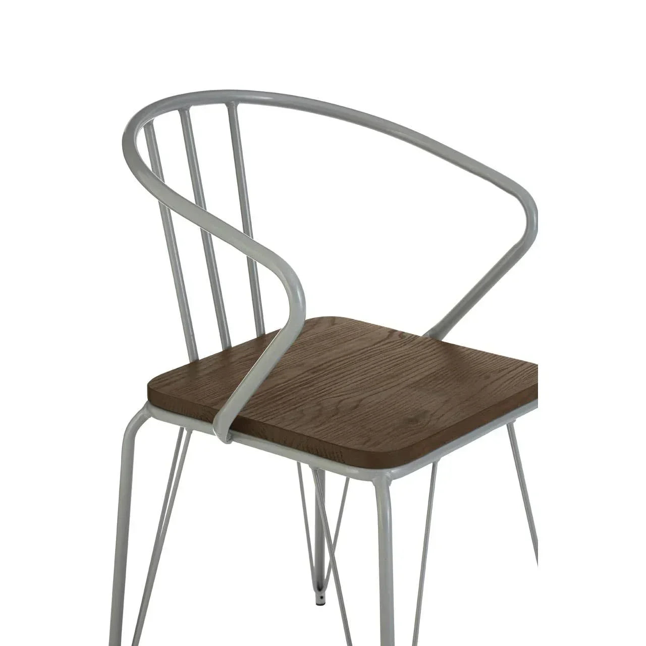Modern dining chair with curved metal backrest and dark wood seat