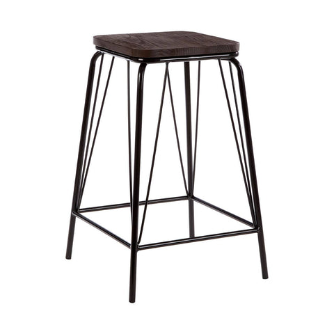 Black metal stool with a square elm wood seat and slender, angular legs. The design features a minimalist aesthetic with a combination of wood and metal materials, showcasing a modern industrial style
