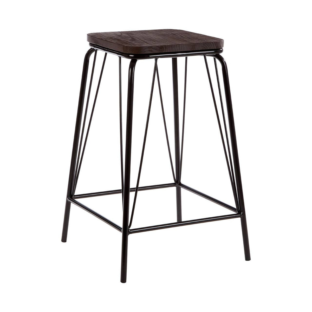 Black metal stool with a square elm wood seat and slender, angular legs. The design features a minimalist aesthetic with a combination of wood and metal materials, showcasing a modern industrial style