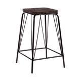 Black metal stool with a square elm wood seat and slender, angular legs. The design features a minimalist aesthetic with a combination of wood and metal materials, showcasing a modern industrial style