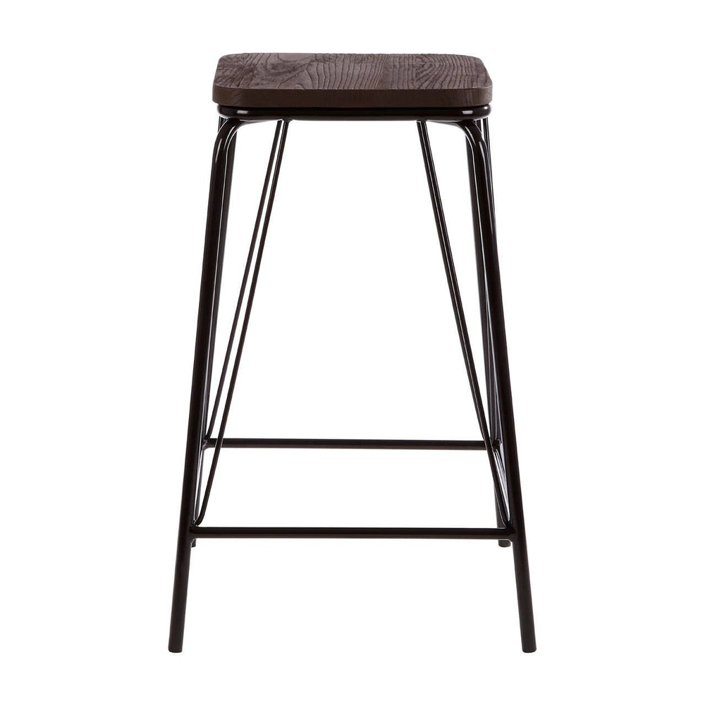 A tall stool featuring a black metal frame and a rectangular elm wood seat, designed with clean lines and a minimalist aesthetic. The stool has four slender legs and a footrest for added comfort