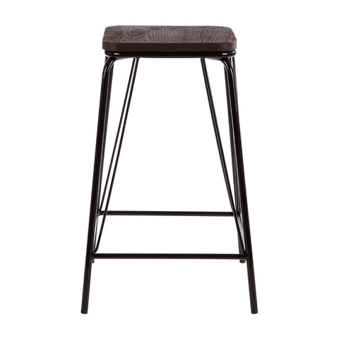 A tall stool featuring a black metal frame and a rectangular elm wood seat, designed with clean lines and a minimalist aesthetic. The stool has four slender legs and a footrest for added comfort