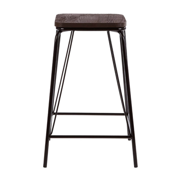 A tall stool featuring a black metal frame and a rectangular elm wood seat, designed with clean lines and a minimalist aesthetic. The stool has four slender legs and a footrest for added comfort