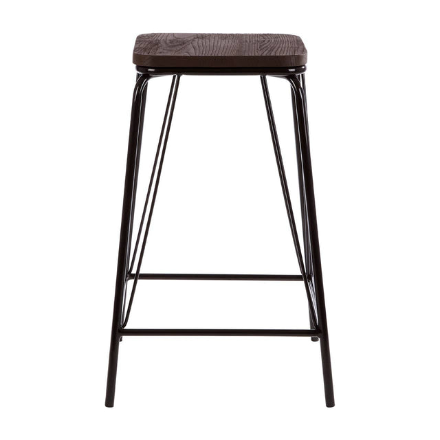 A tall stool featuring a black metal frame and a rectangular elm wood seat, designed with clean lines and a minimalist aesthetic. The stool has four slender legs and a footrest for added comfort