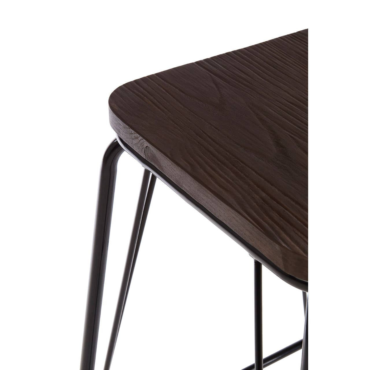 Black metal stool featuring a triangular elm wood seat with smooth edges and slender metal legs. The wood has a rich, dark finish that contrasts with the sleek black frame