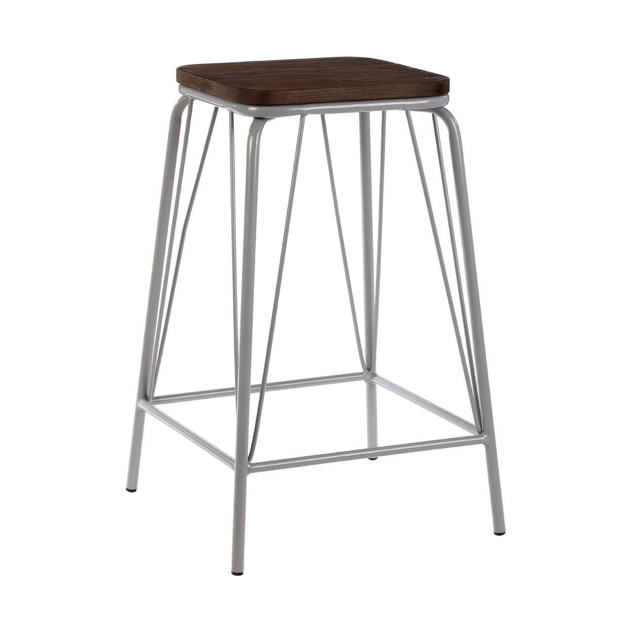 A tall stool featuring a square elm wood seat with a rich brown finish, supported by a sleek grey metal frame with four slender legs and a footrest for added comfort