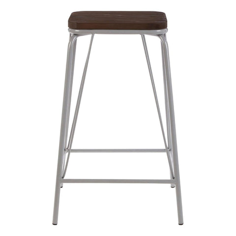 A tall stool featuring a grey metal frame and a dark brown elm wood seat, designed with clean lines and a minimalist aesthetic. The stool has a sturdy construction with a crossbar for added support