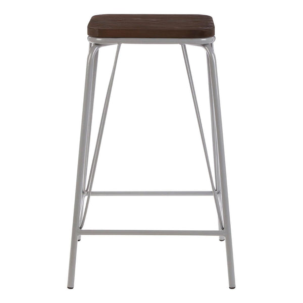 A tall stool featuring a grey metal frame and a dark brown elm wood seat, designed with clean lines and a minimalist aesthetic. The stool has a sturdy construction with a crossbar for added support
