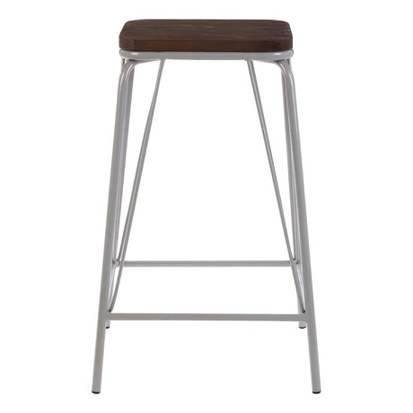 A tall stool featuring a grey metal frame and a dark brown elm wood seat, designed with clean lines and a minimalist aesthetic. The stool has a sturdy construction with a crossbar for added support
