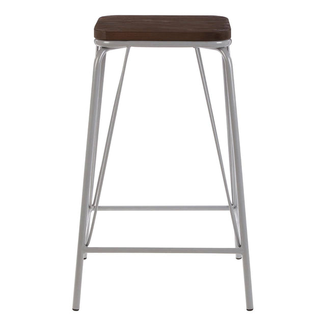 A tall stool featuring a grey metal frame and a dark brown elm wood seat, designed with clean lines and a minimalist aesthetic. The stool has a sturdy construction with a crossbar for added support