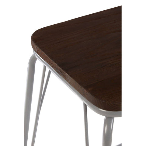 Grey metal stool with a smooth, dark elm wood top and slender, angled legs. The wood surface features a rich, warm tone, contrasting with the sleek metallic finish of the legs