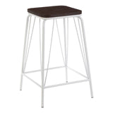 A tall stool featuring a square dark brown elm wood seat supported by a sleek white metal frame with four legs and a footrest