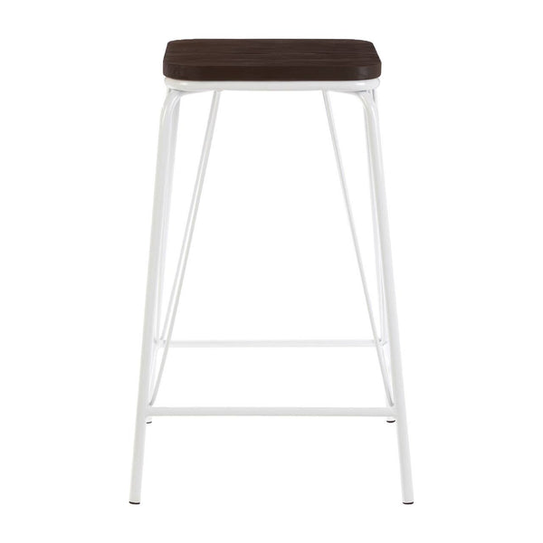 White metal stool with a rectangular dark brown elm wood seat and four slender legs, featuring a footrest for added comfort