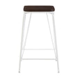 White metal stool with a rectangular dark brown elm wood seat and four slender legs, featuring a footrest for added comfort