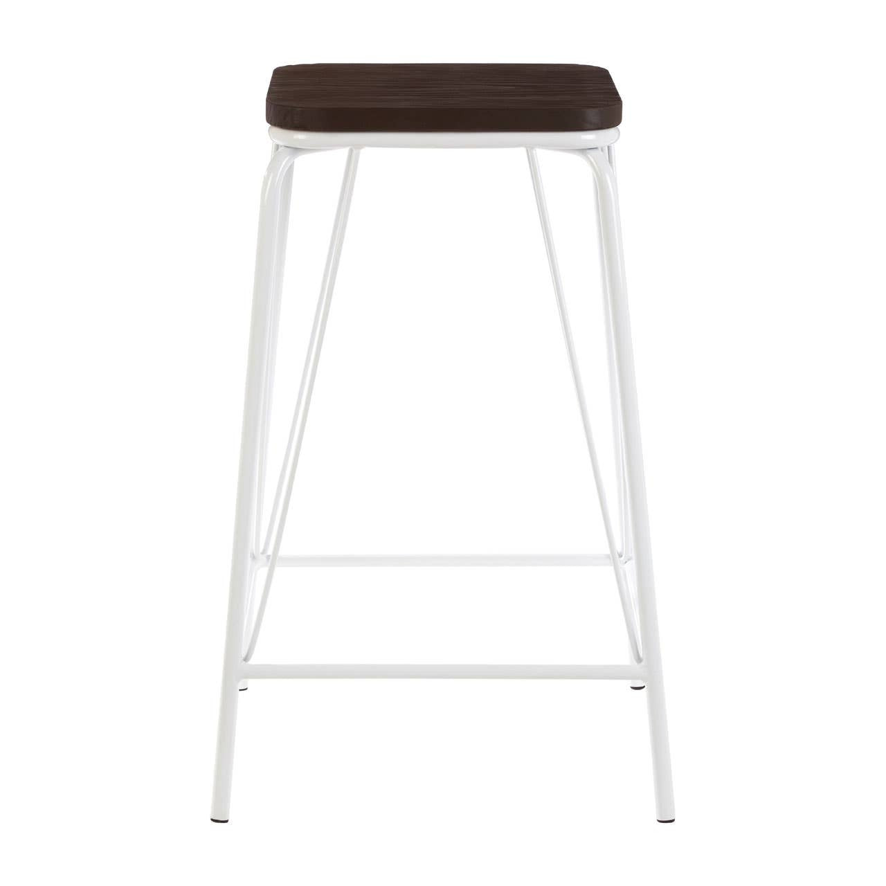 White metal stool with a rectangular dark brown elm wood seat and four slender legs, featuring a footrest for added comfort