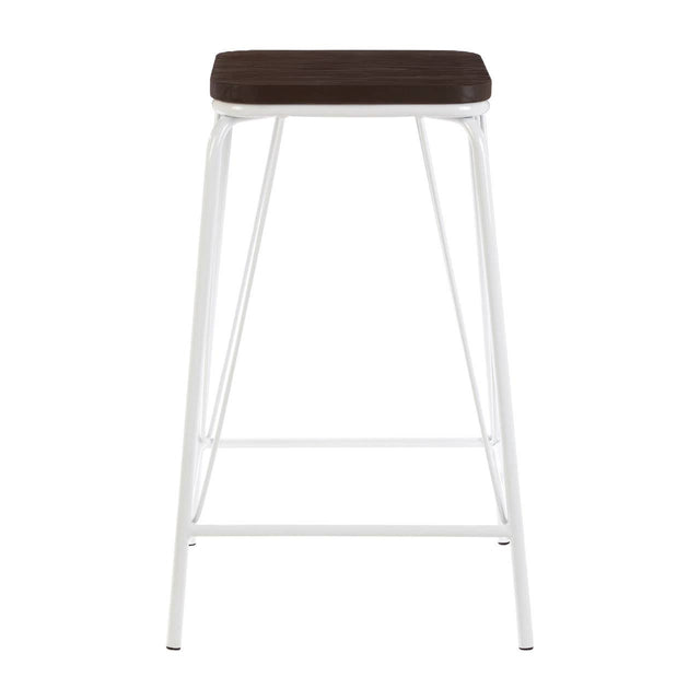 White metal stool with a rectangular dark brown elm wood seat and four slender legs, featuring a footrest for added comfort