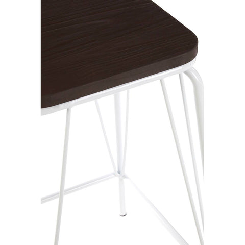 A close-up view of a stool featuring a dark elm wood seat with rounded edges, supported by sleek white metal legs that taper towards the ground, showcasing a modern and minimalist design