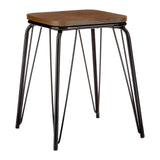 Small stool featuring a square wooden top in a warm elm finish, supported by sleek black metal legs with a modern design. The legs are slender and angled, providing a contemporary look suitable for various home settings