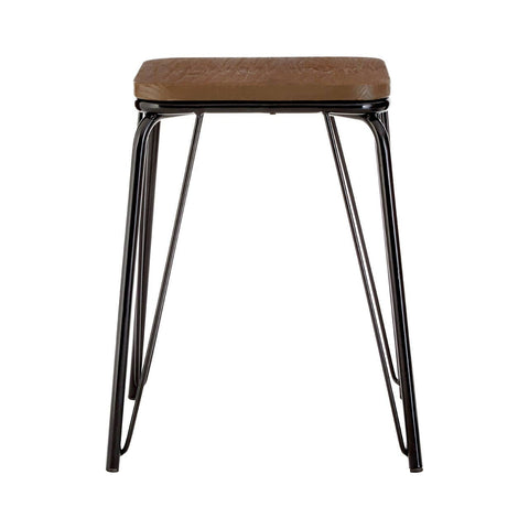 Small stool featuring a rectangular brown elm wood seat supported by a sleek black metal frame with four slender legs. The design is modern and minimalist, suitable for various home decor styles