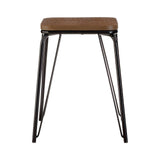 Small stool featuring a rectangular brown elm wood seat supported by a sleek black metal frame with four slender legs. The design is modern and minimalist, suitable for various home decor styles