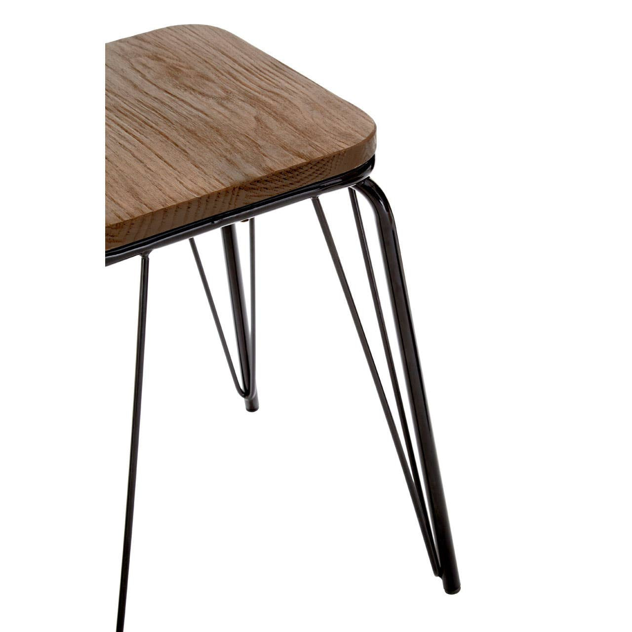 Small stool featuring a rectangular elm wood seat with a natural finish, supported by sleek black metal legs that taper towards the ground. The design is modern and minimalist, showcasing a combination of wood and metal materials