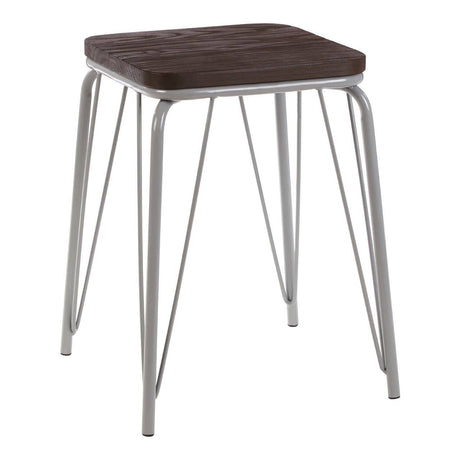 Small stool featuring a square dark wood seat made of elm, supported by slender grey metal legs that create a modern and minimalist design. The stool has a clean and simple aesthetic, suitable for various home decor styles