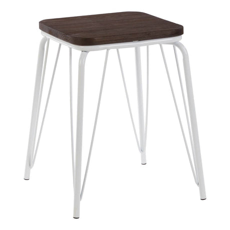 Small stool featuring a square dark wood seat made of elm, supported by sleek white metal legs. The design is modern and minimalist, suitable for various home decor styles