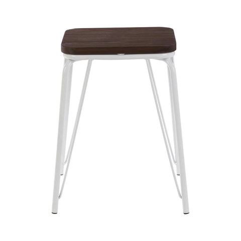 Small stool featuring a dark brown elm wood seat and sleek white metal legs, designed with a minimalist aesthetic. The legs are angled for stability, and the overall design is modern and versatile, suitable for various home decor styles