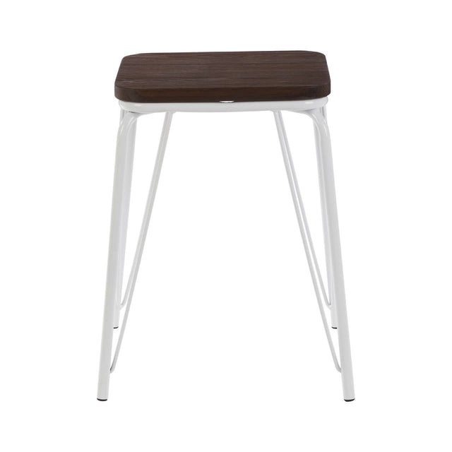 Small stool featuring a dark brown elm wood seat and sleek white metal legs, designed with a minimalist aesthetic. The legs are angled for stability, and the overall design is modern and versatile, suitable for various home decor styles