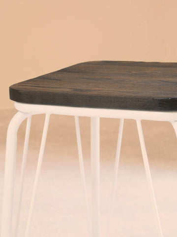 Small stool featuring a rectangular black elm wood top supported by sleek white metal legs, set against a soft, neutral background