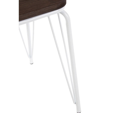 Small stool featuring a dark wood seat and slender white metal legs, showcasing a modern design with a minimalist aesthetic. The legs are angled and tapered, providing a stylish contrast to the rich wood grain of the seat