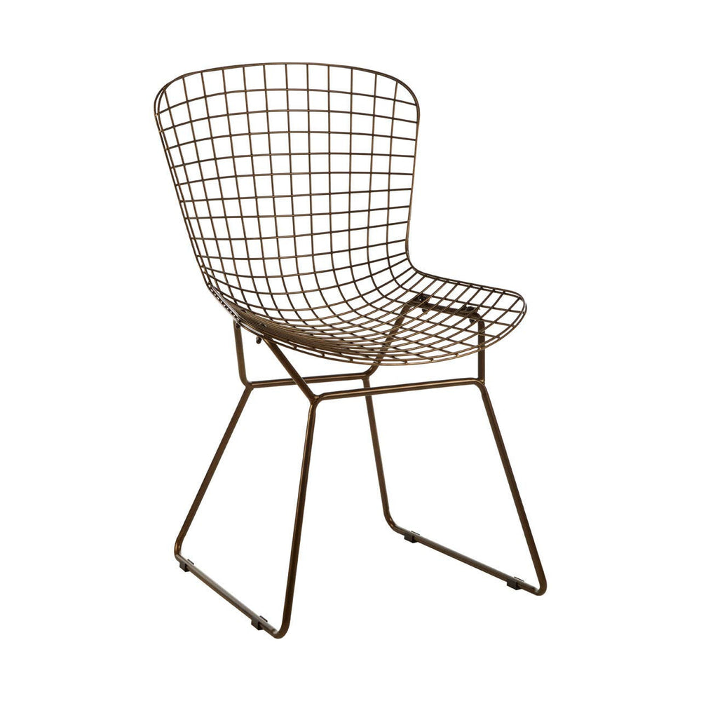 Bronze metal grid frame wire chair with a modern design, featuring a curved backrest and a sturdy base with four legs. The chair has a minimalist aesthetic, showcasing an open grid pattern throughout the seat and back