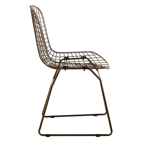 Bronze metal grid frame wire chair with a curved backrest and a sleek, minimalist design, featuring a sturdy base and a woven seat pattern