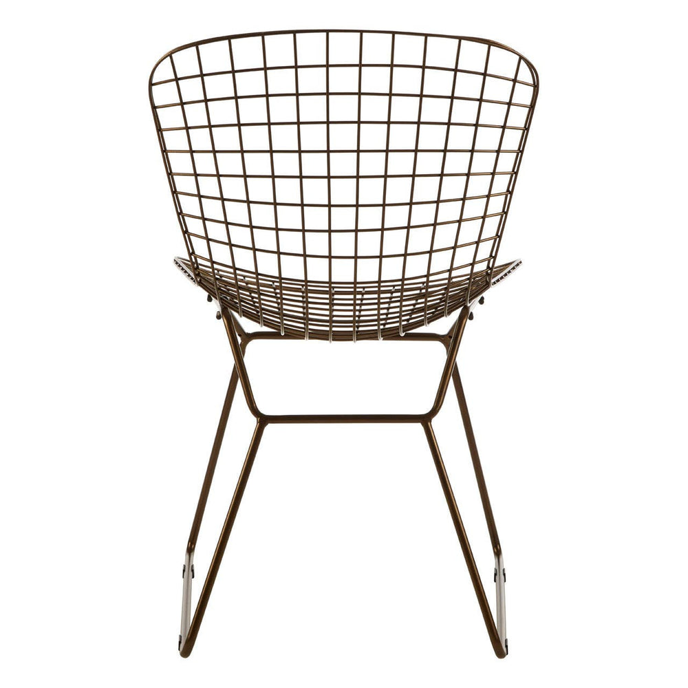 Bronze metal wire chair with a grid frame design, featuring a rounded backrest and a sturdy base supported by four slender legs. The chair has a modern and minimalist aesthetic, suitable for various home decor styles